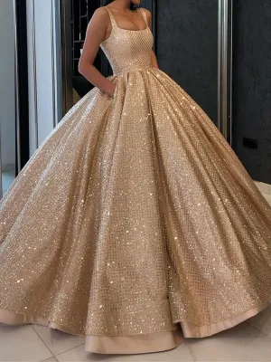 Gorgeous Sequins Golden Long Prom Gown with Pockets, Bling Bling Golden Prom, Golden Formal, Evening