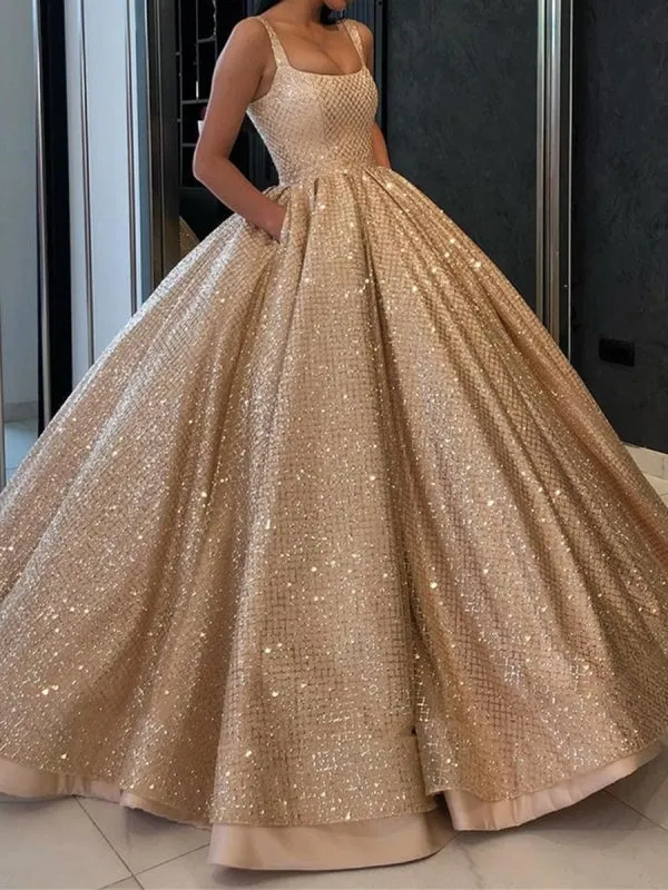 Gorgeous Sequins Golden Long Prom Gown with Pockets, Bling Bling Golden Prom, Golden Formal, Evening