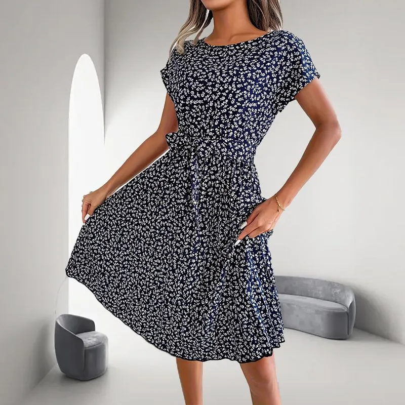 GRACE – FLORAL SHORT-SLEEVE PLEATED DRESS 🌸✨