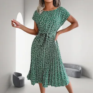 GRACE – FLORAL SHORT-SLEEVE PLEATED DRESS 🌸✨