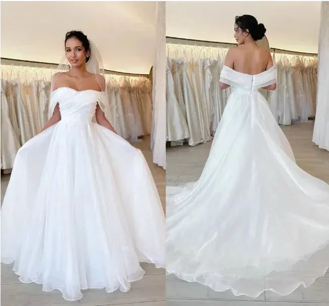 Graceful A Line Wedding Dresses For Women Off Shoulder Draped Pleats Tiered Sweep Train Bridal Gowns Customize Robe De Mariée