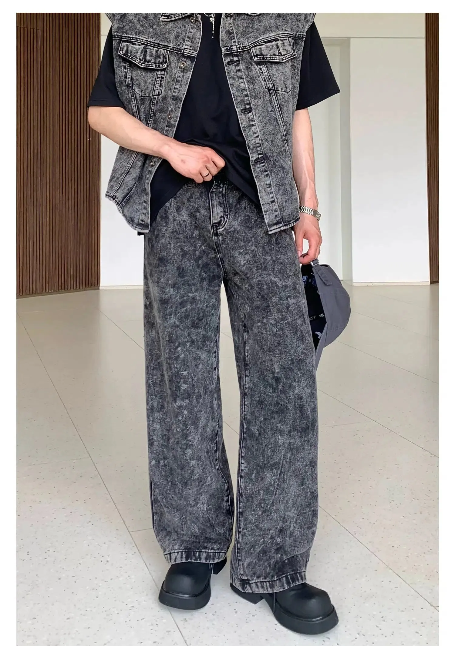 Gray Sleeveless Denim Vest Jacket & Jeans