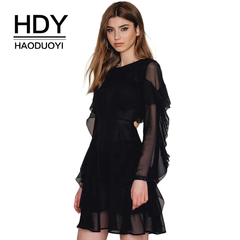 HDY Haoduoyi Solid Black Mesh Sheer Sexy Women Mini Dress