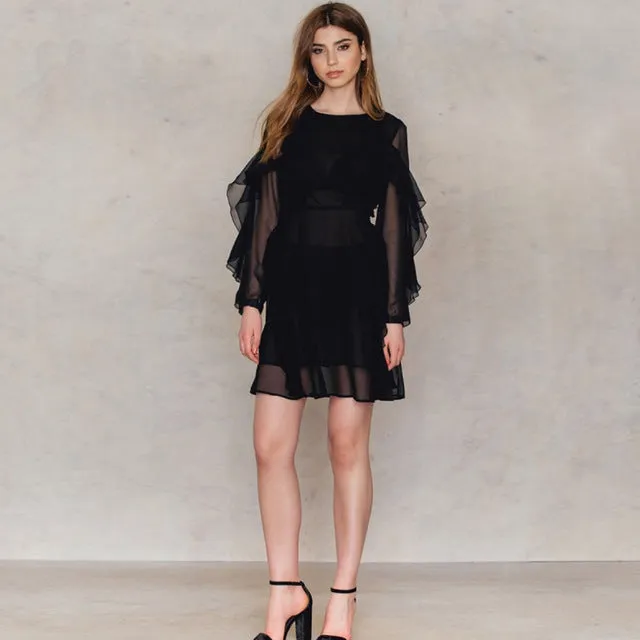 HDY Haoduoyi Solid Black Mesh Sheer Sexy Women Mini Dress