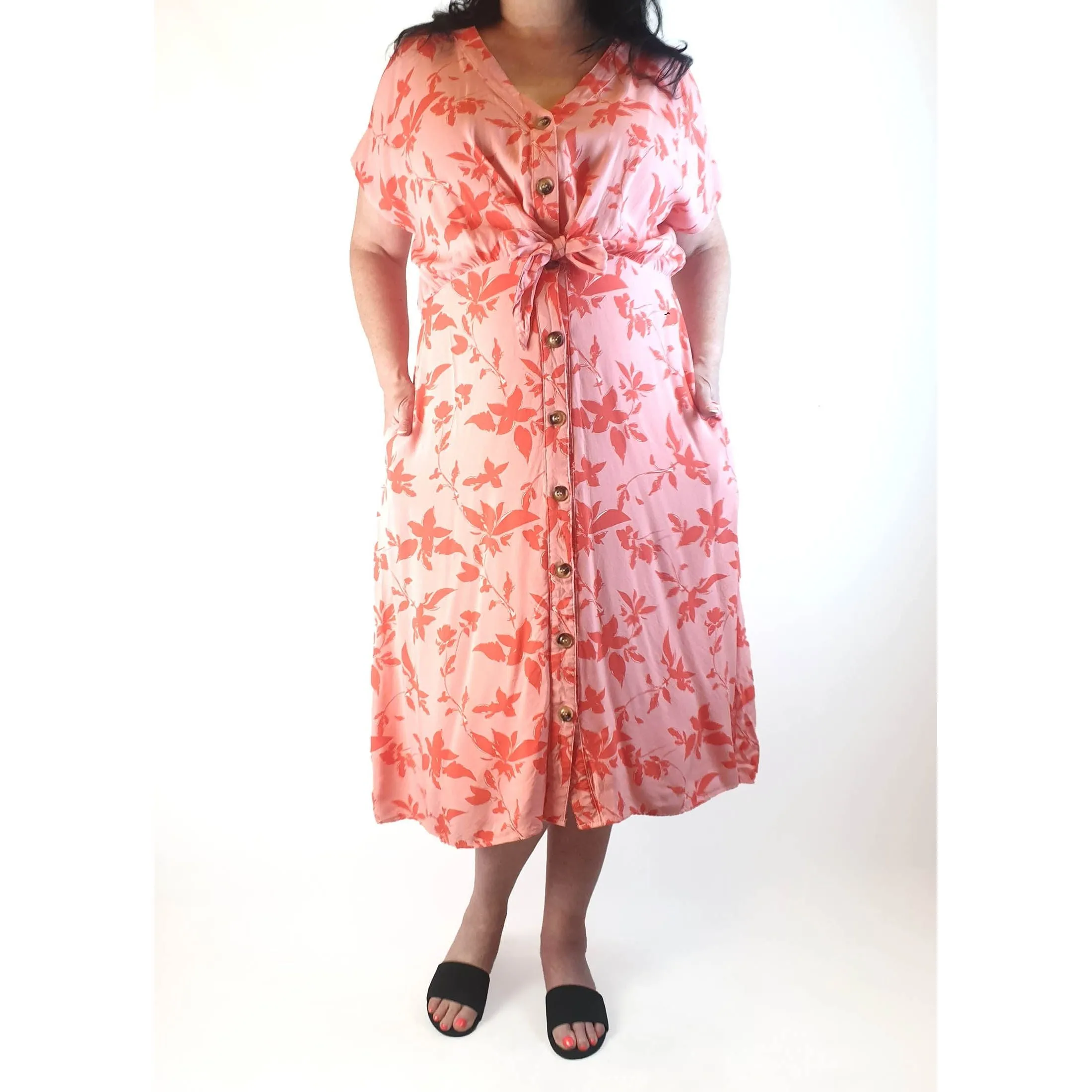 Henry Oscar pink floral maxi dress with toirtoiseshell buttons size 18 (fits 16-18)