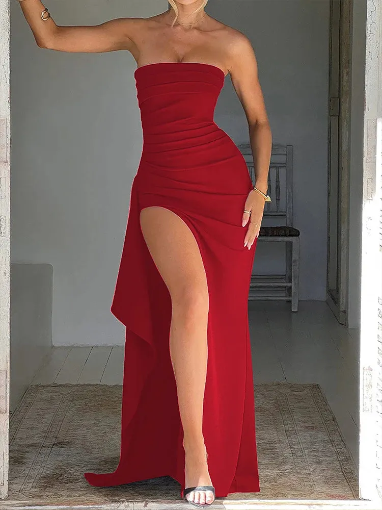 High Split Sexy Party Dress Elegant Maxi Long Spring Summer Dress Backless Nightclub Slim Bodycon Pleated Dress