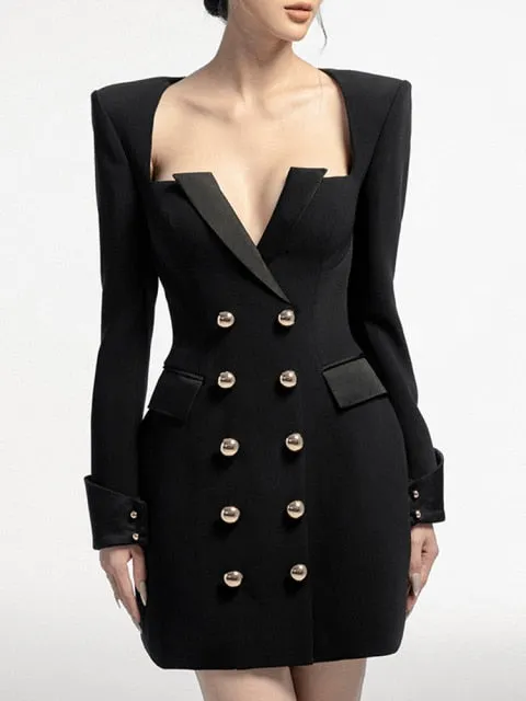 High Street Blazer Dress For Women V Neck Long Sleeve Double Breasted