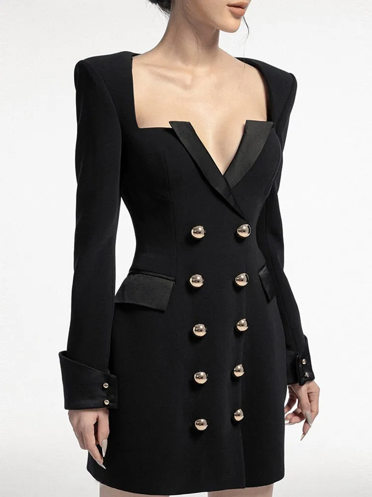 High Street Blazer Dress For Women V Neck Long Sleeve Double Breasted