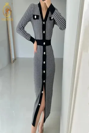Houndstooth Knit Single-Breasted Dress