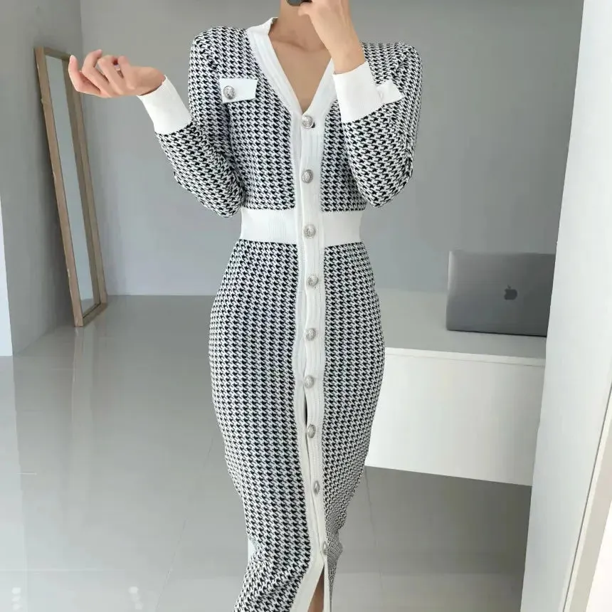 Houndstooth Knit Single-Breasted Dress