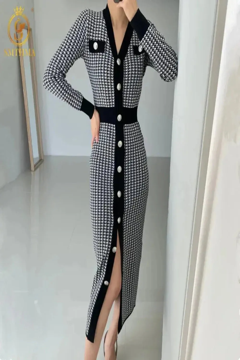 Houndstooth Knit Single-Breasted Dress