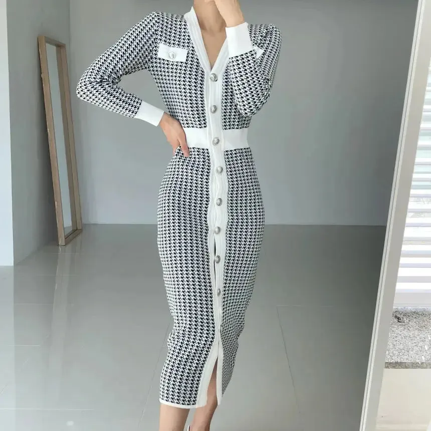 Houndstooth Knit Single-Breasted Dress
