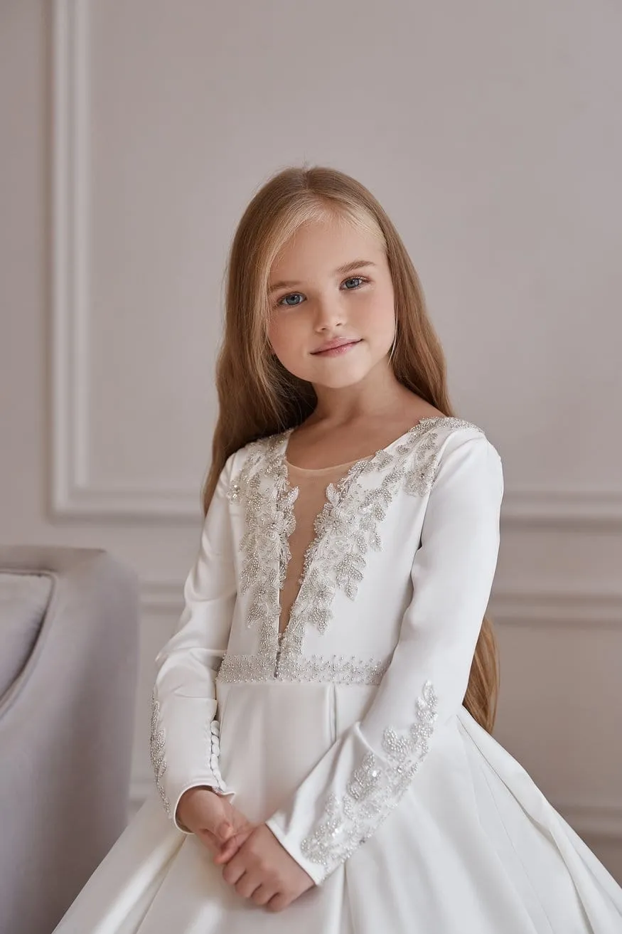 Illusion V-neck Satin and Lace White Dress
