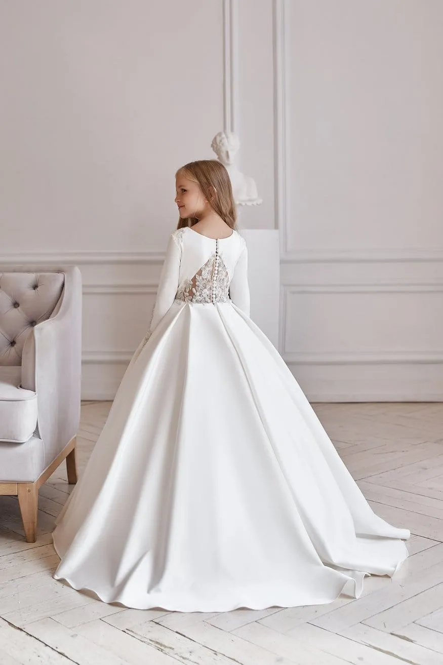 Illusion V-neck Satin and Lace White Dress