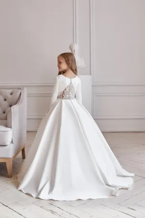 Illusion V-neck Satin and Lace White Dress