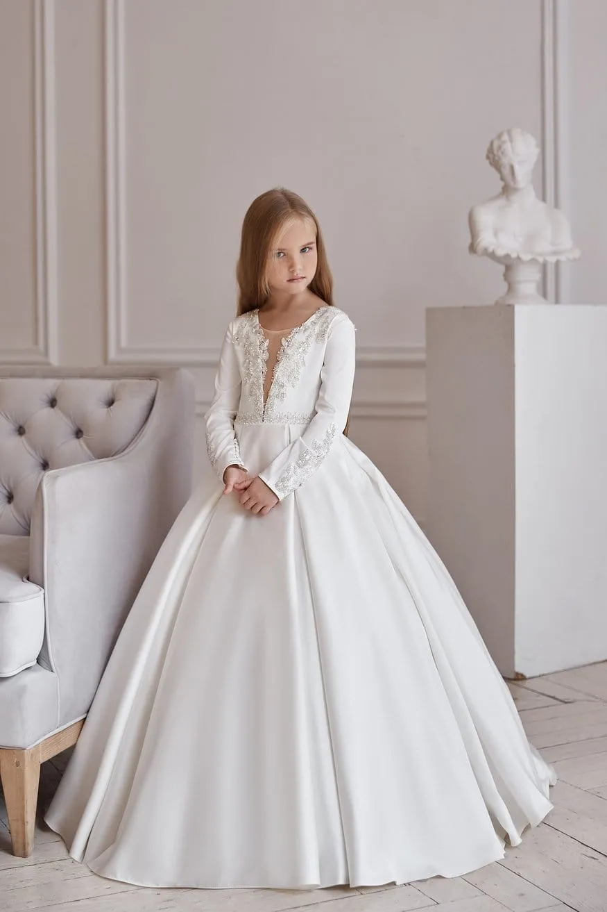 Illusion V-neck Satin and Lace White Dress