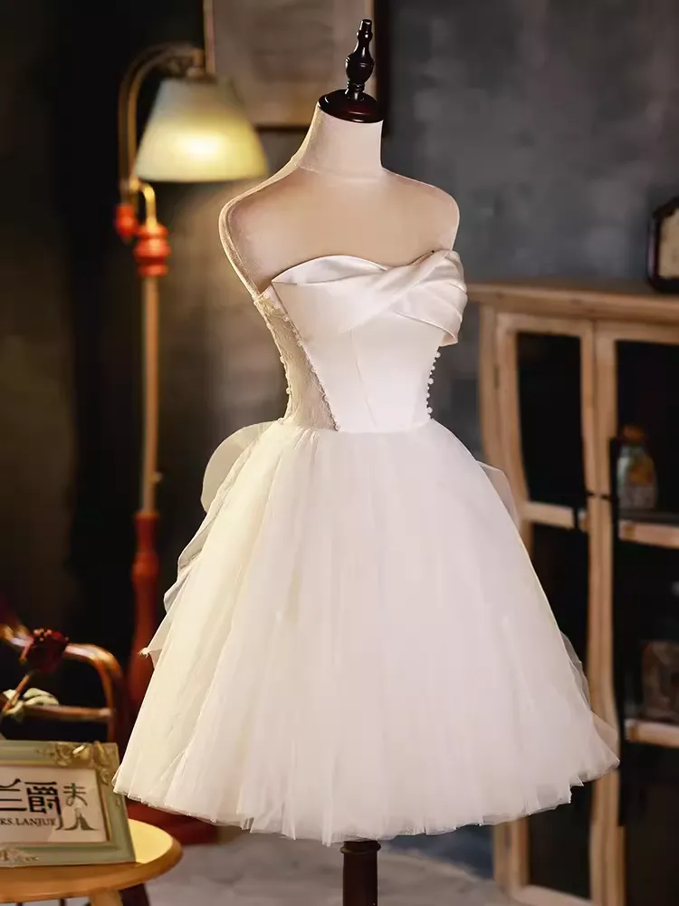JazzHer Elegant Ball Gown Straplesss Tulle Party Dress White Homecoming Dresses (PRE-ORDER)