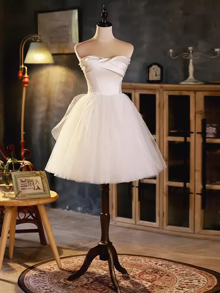 JazzHer Elegant Ball Gown Straplesss Tulle Party Dress White Homecoming Dresses (PRE-ORDER)