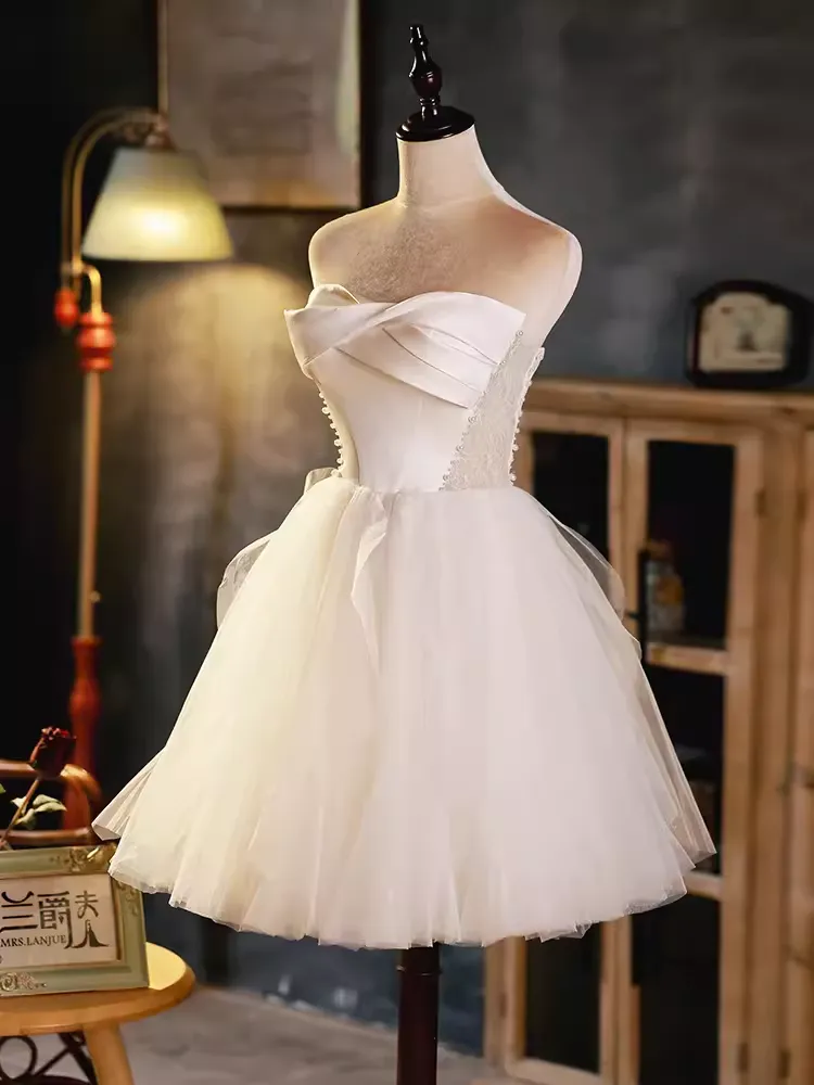 JazzHer Elegant Ball Gown Straplesss Tulle Party Dress White Homecoming Dresses (PRE-ORDER)