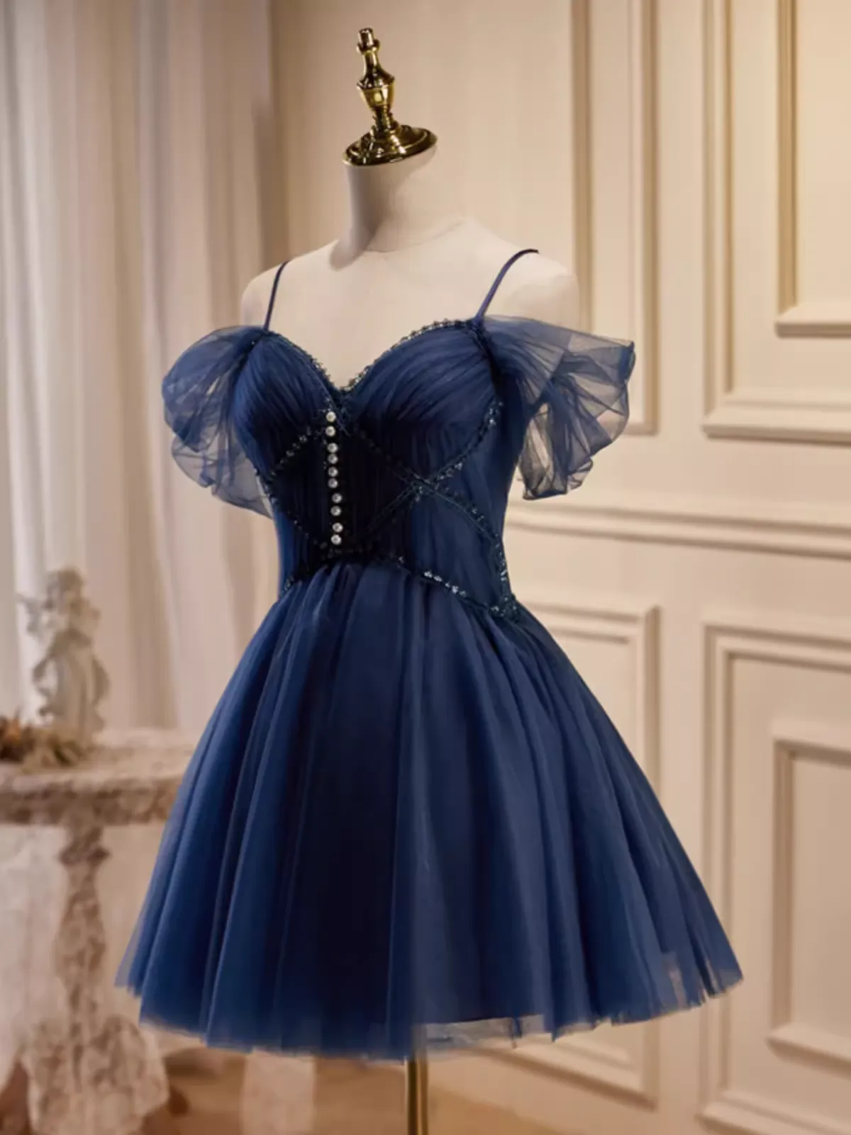 JazzHer Elegant Ball Gown Straps Tulle Party Dress Navy Blue Homecoming Dresses (PRE-ORDER)