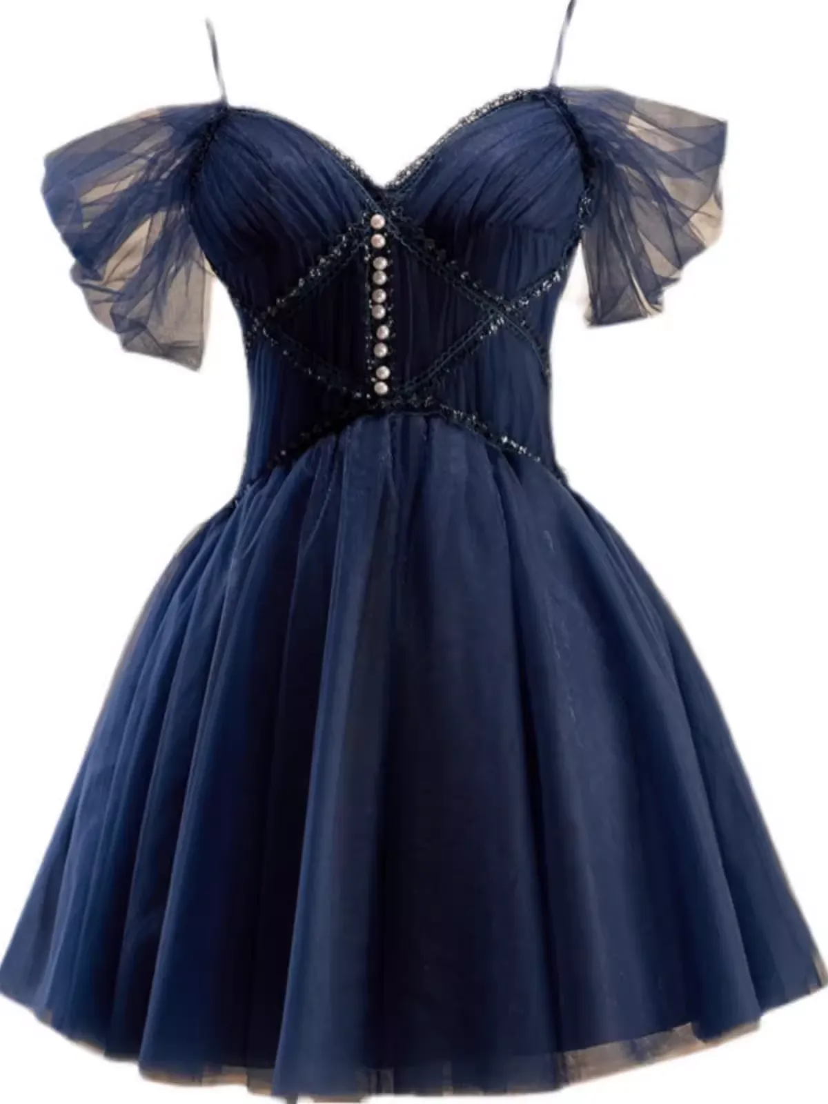 JazzHer Elegant Ball Gown Straps Tulle Party Dress Navy Blue Homecoming Dresses (PRE-ORDER)