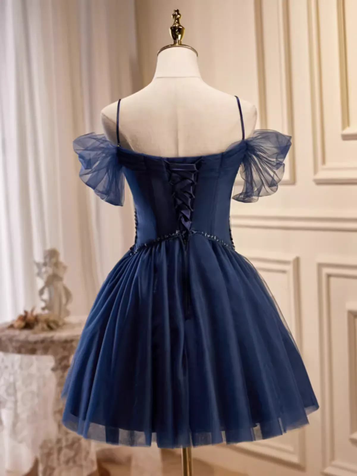 JazzHer Elegant Ball Gown Straps Tulle Party Dress Navy Blue Homecoming Dresses (PRE-ORDER)