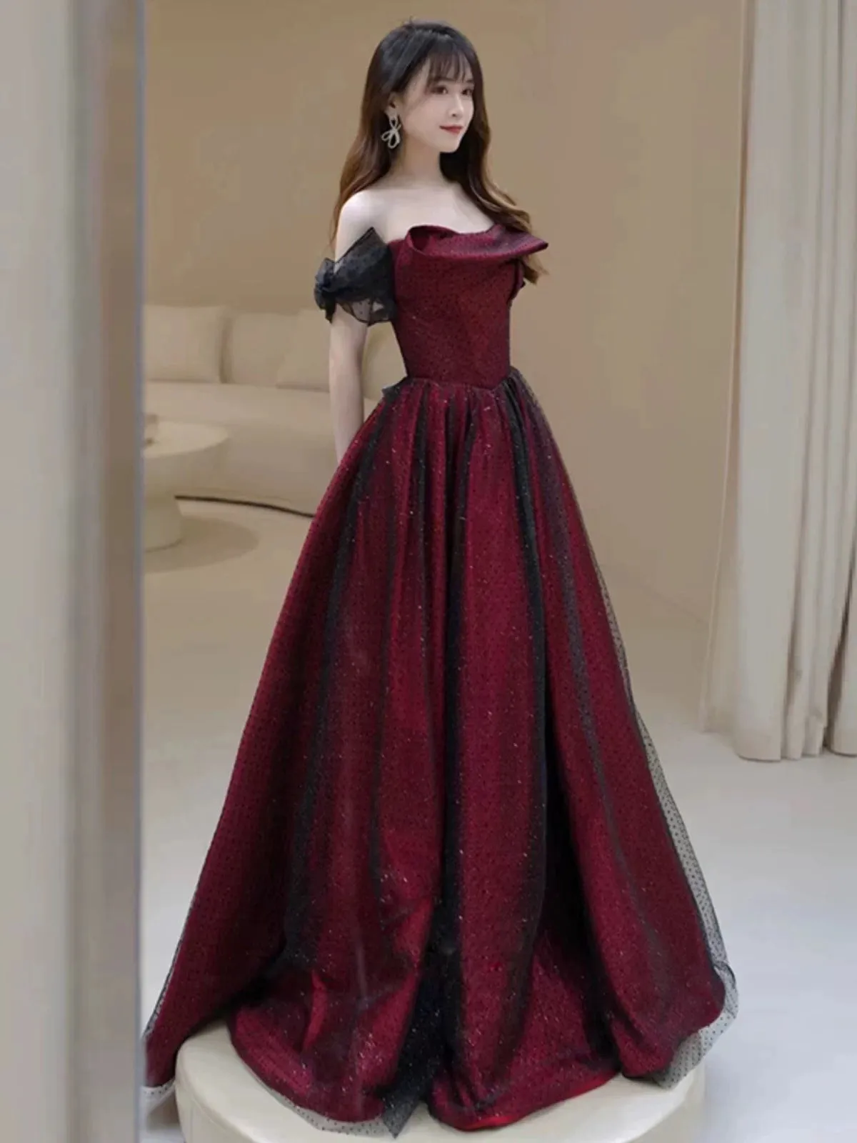 JazzHer Sexy Ball Gown Off The Shoulder Red Tulle Long Prom Dresses Evening Dress (PRE-ORDER)