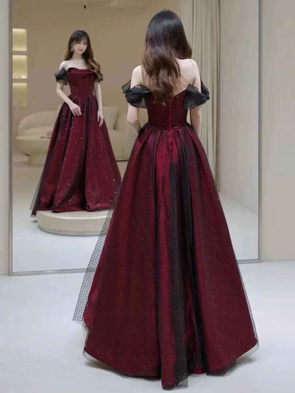 JazzHer Sexy Ball Gown Off The Shoulder Red Tulle Long Prom Dresses Evening Dress (PRE-ORDER)
