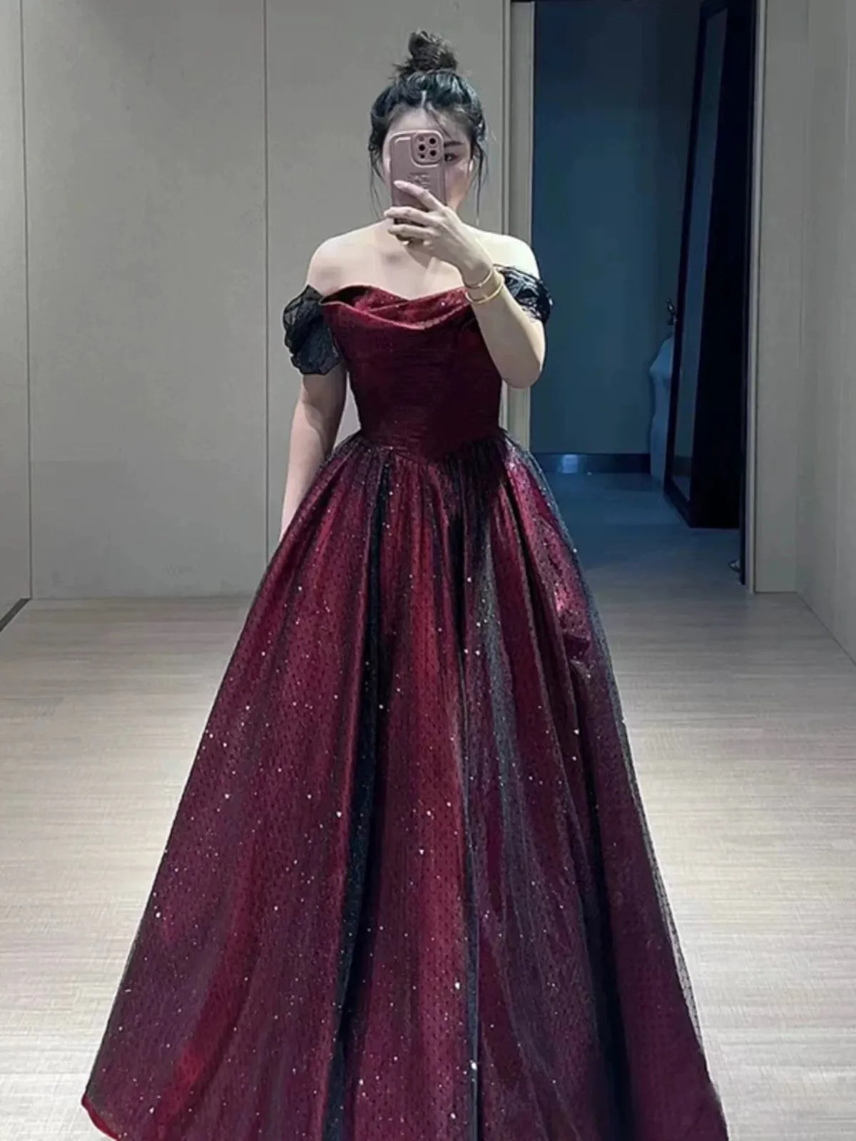 JazzHer Sexy Ball Gown Off The Shoulder Red Tulle Long Prom Dresses Evening Dress (PRE-ORDER)