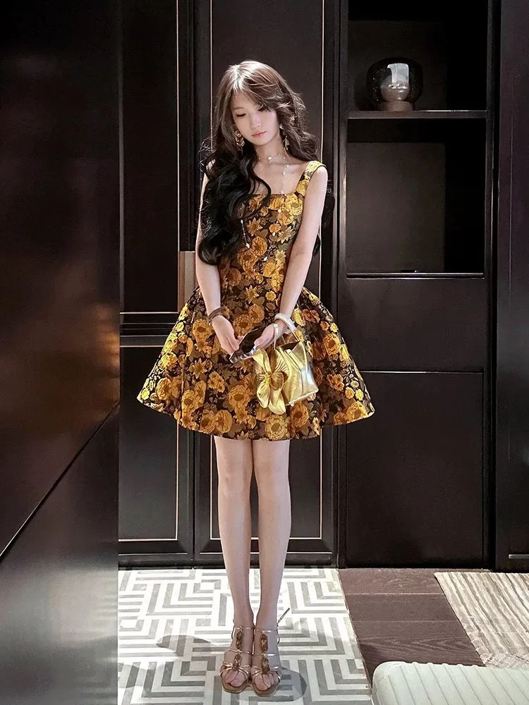 JazzHer th Birthday Ball Gown Straps Yellow Floral Homecoming Dresses Satin Short Mini Party Dress (PRE-ORDER)