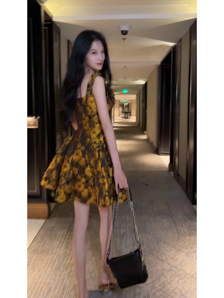 JazzHer th Birthday Ball Gown Straps Yellow Floral Homecoming Dresses Satin Short Mini Party Dress (PRE-ORDER)