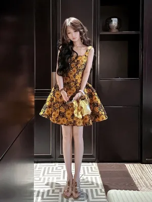 JazzHer th Birthday Ball Gown Straps Yellow Floral Homecoming Dresses Satin Short Mini Party Dress (PRE-ORDER)