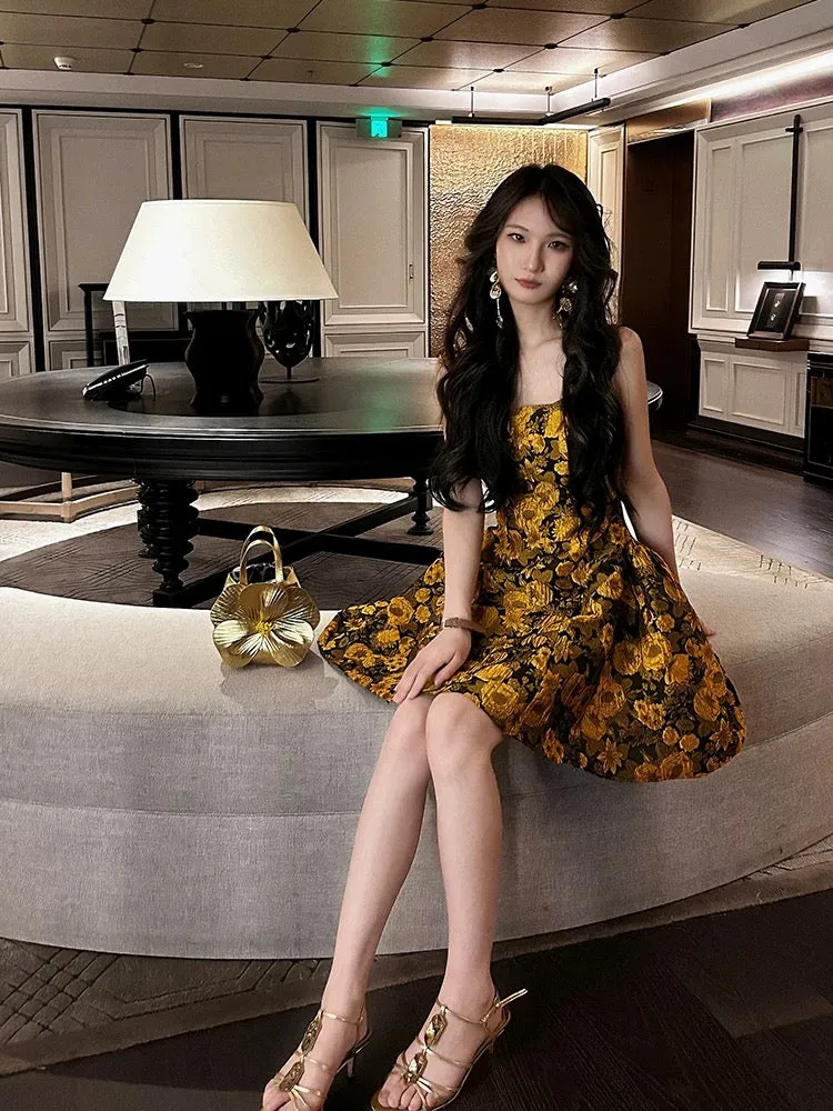 JazzHer th Birthday Ball Gown Straps Yellow Floral Homecoming Dresses Satin Short Mini Party Dress (PRE-ORDER)