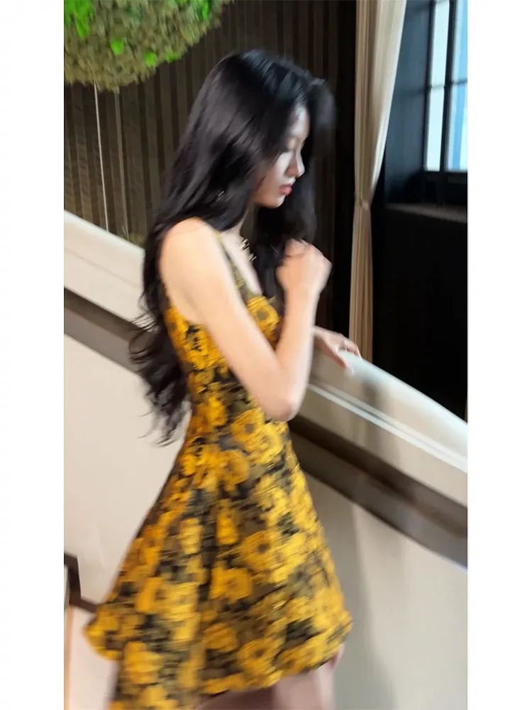 JazzHer th Birthday Ball Gown Straps Yellow Floral Homecoming Dresses Satin Short Mini Party Dress (PRE-ORDER)