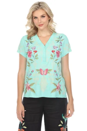 Johnny Was JWLA Dacie Button Neck Embroidered Knit Tee J14824 *