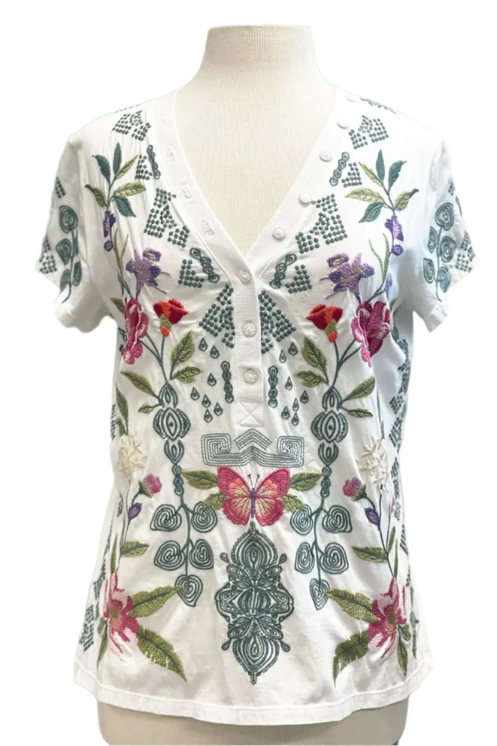 Johnny Was JWLA Dacie Button Neck Embroidered Knit Tee J14824 *