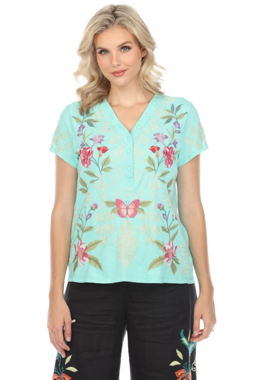 Johnny Was JWLA Dacie Button Neck Embroidered Knit Tee J14824 *