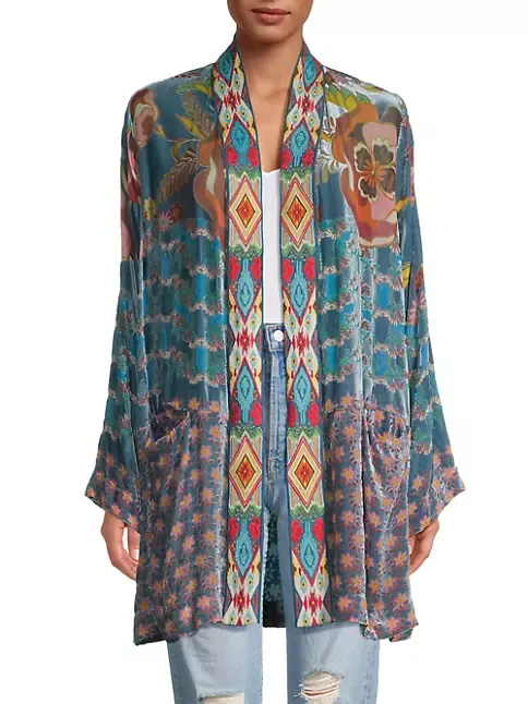 Johnny Was Vember Burnout Benet Kimono Jacket Flower Embroidery Blue Floral NEW