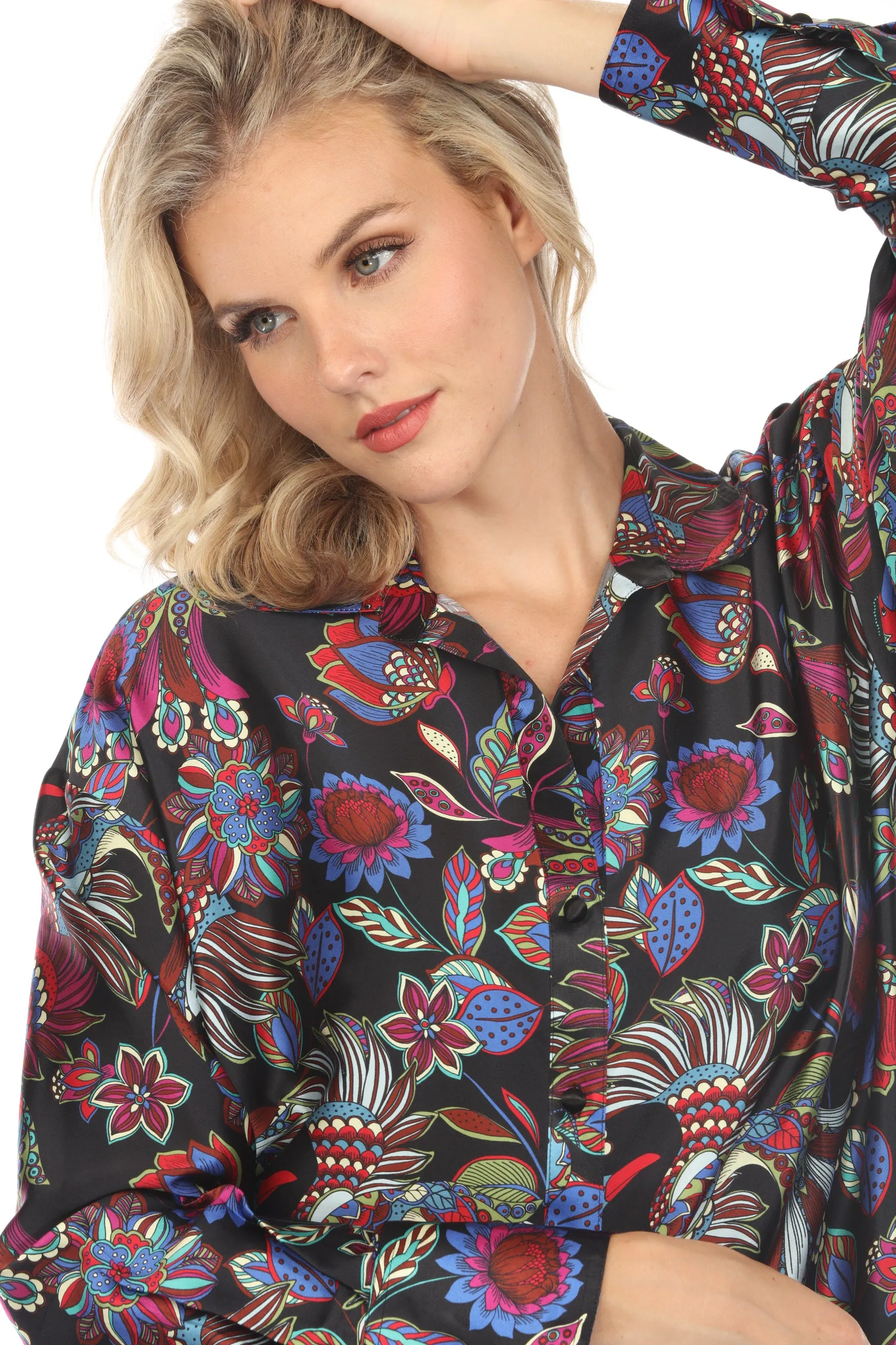 Johnny Was Workshop Silk Floral Button Down Shirt Boho Chic W12424