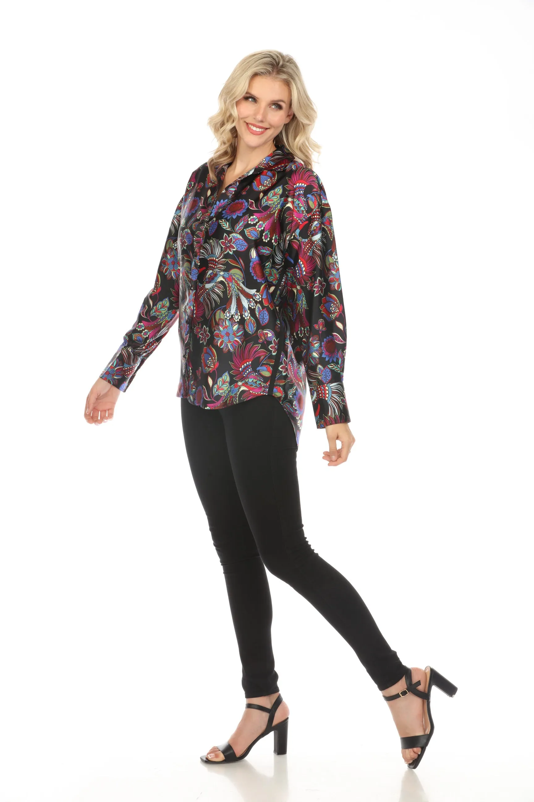 Johnny Was Workshop Silk Floral Button Down Shirt Boho Chic W12424