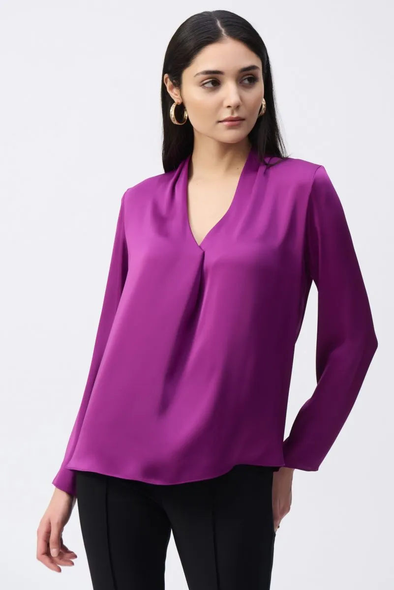 Joseph Ribkoff Pleated V-Neck Long Sleeve Satin Top 243057
