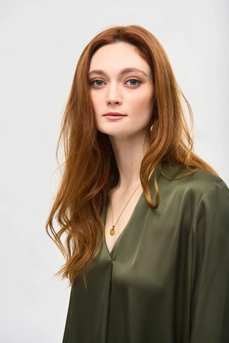 Joseph Ribkoff Pleated V-Neck Long Sleeve Satin Top 243057