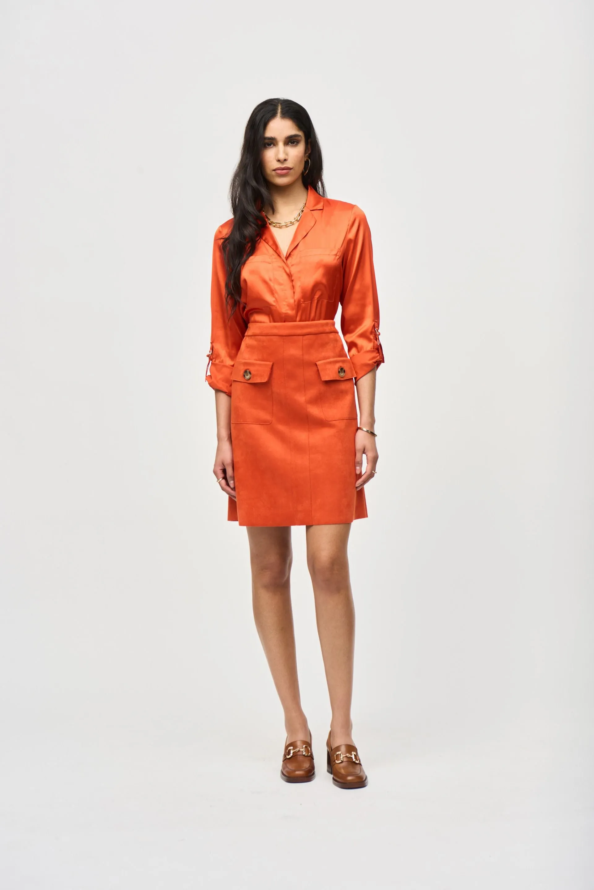 Joseph Ribkoff Satin Button-Down Roll-Tab Satin Blouse 243919