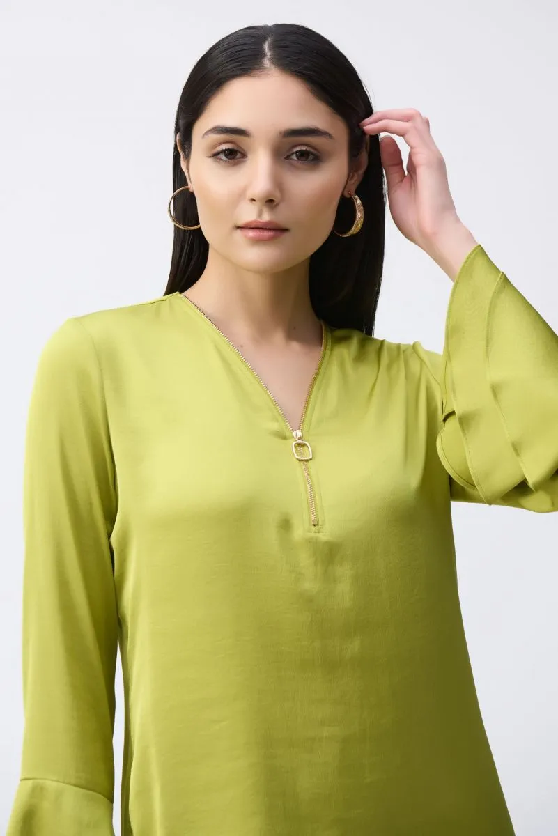 Joseph Ribkoff Zip Front Ruffled Sleeves Satin Top 243285