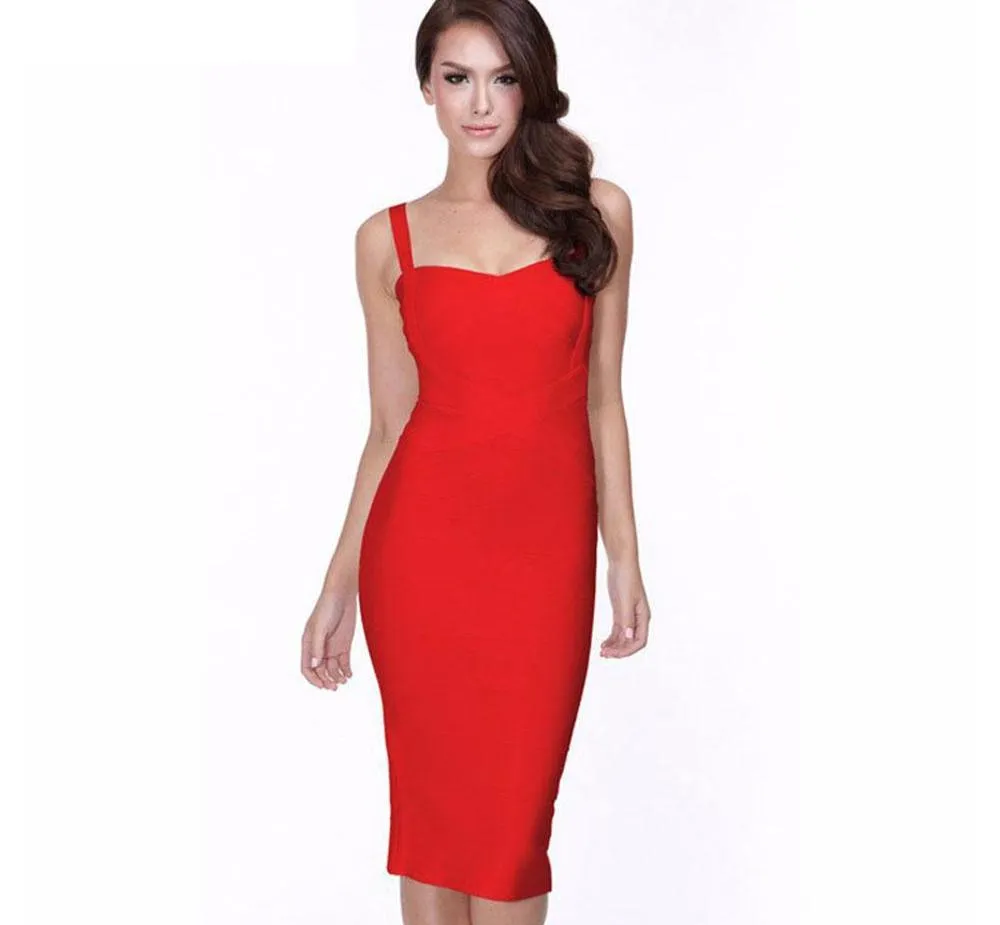 Knee Length Spaghetti Strap Bodycon  Bandage Dress