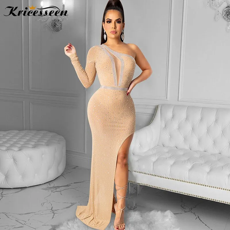 Kricesseen Nude Rhinestones Single Shoulder Bodysuit Maxi Dress