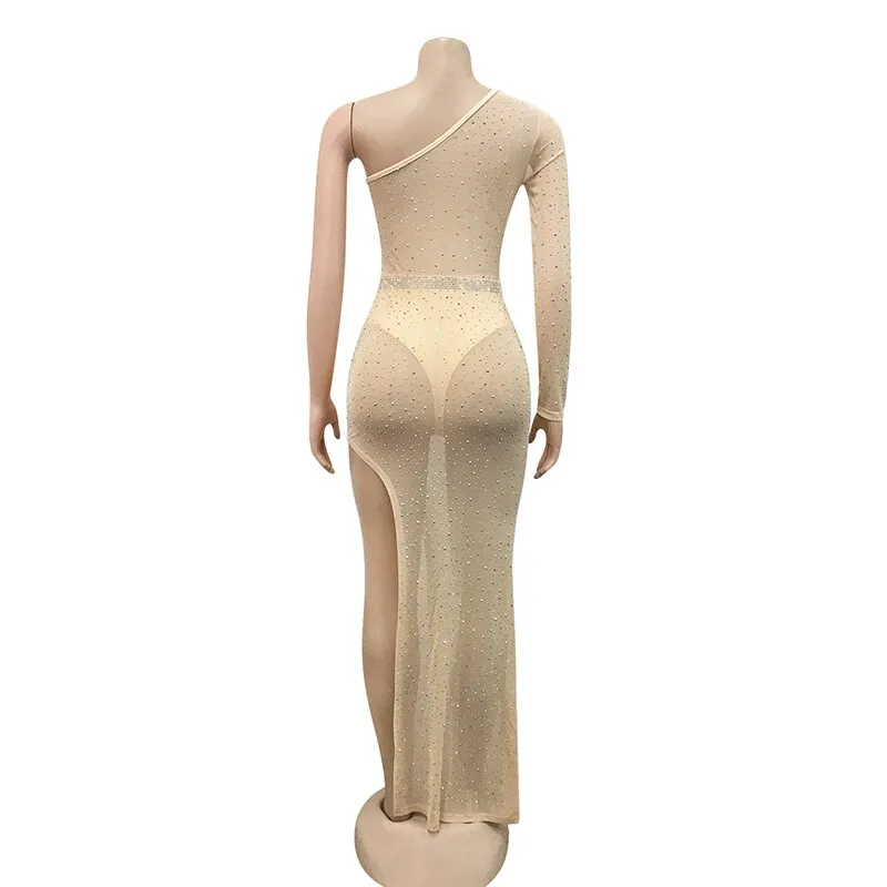 Kricesseen Nude Rhinestones Single Shoulder Bodysuit Maxi Dress