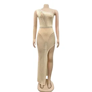 Kricesseen Nude Rhinestones Single Shoulder Bodysuit Maxi Dress