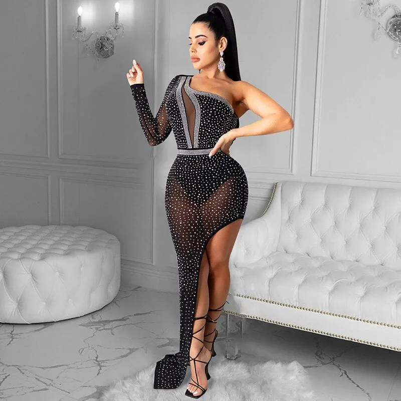 Kricesseen Nude Rhinestones Single Shoulder Bodysuit Maxi Dress