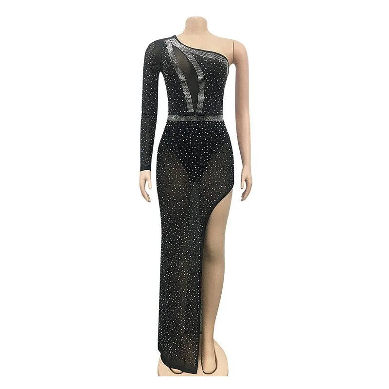 Kricesseen Nude Rhinestones Single Shoulder Bodysuit Maxi Dress